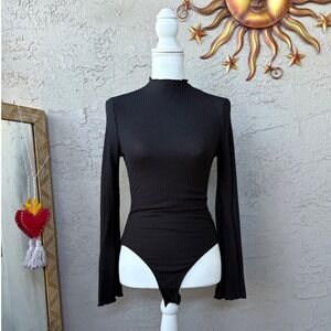 Shein Black Ribbed Mock Neck Long Sleeve‎ Bodysuit Womens Size M